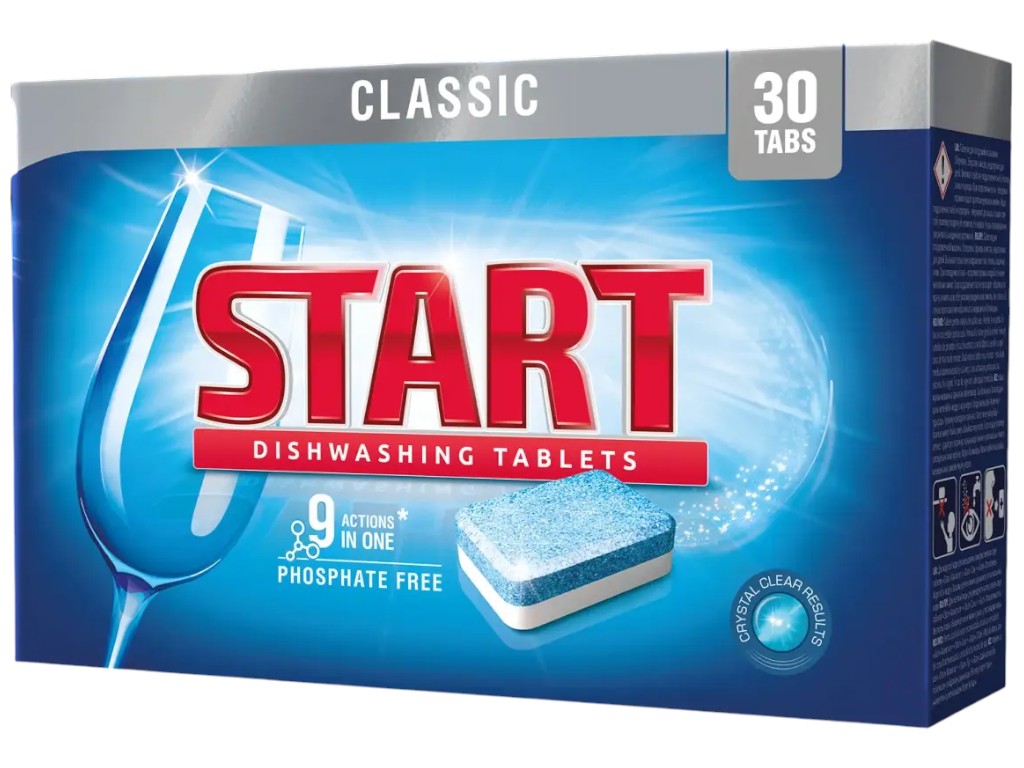 Таблетки для посудомийної машини Start Classic, безфосфатні, до 30 циклів, 22,6×5,7×14,5см, 30шт