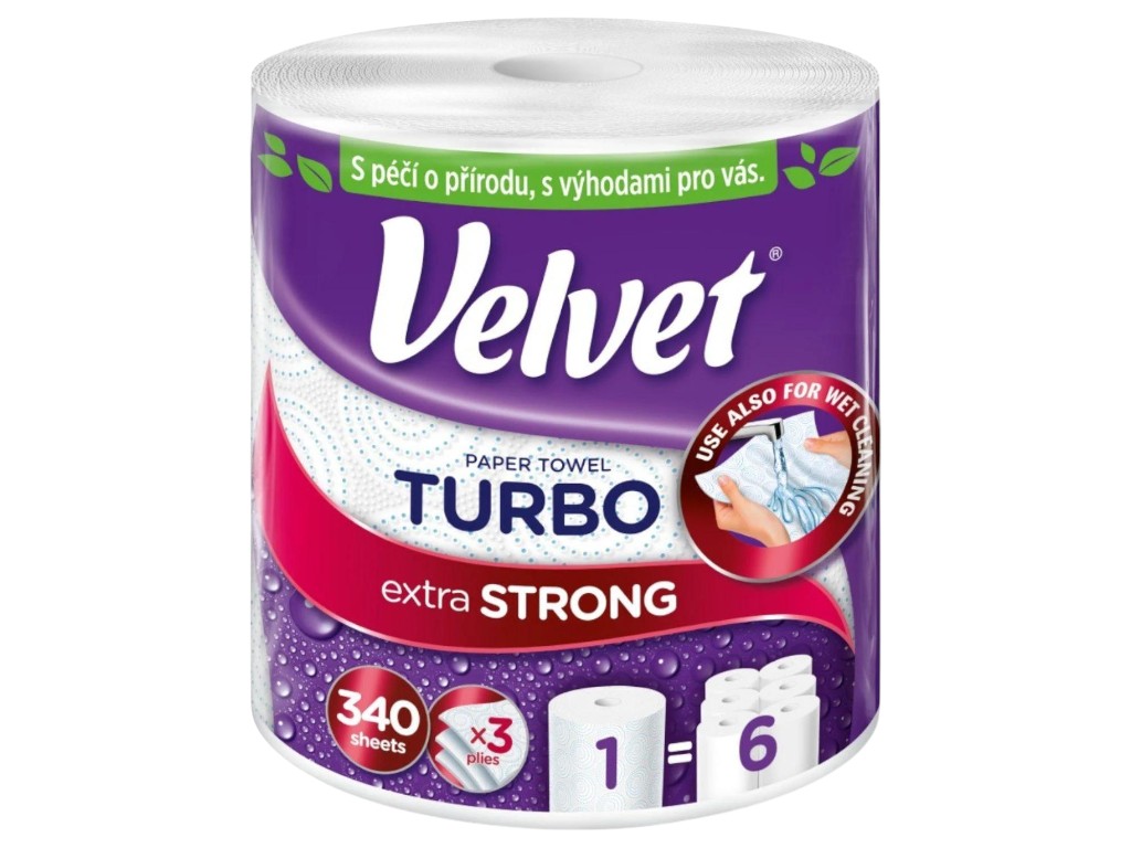 Рушники паперові Velvet Turbo в рулоні, тришарові, вологостійкі, 340 аркушів (ціна за рулон)