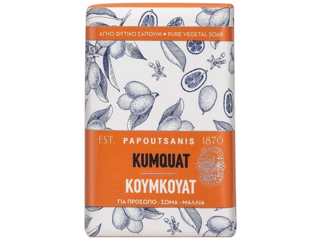 Мыло твердое Papoutsanis Kumquat, растительное, с оливковым маслом и экстрактом кумквата, 150г