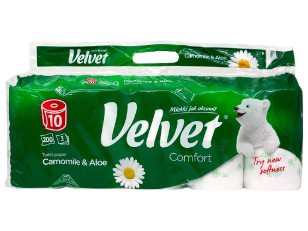 Туалетний папір Velvet camomile&amp;aloe, білий, 3 шари, 10 рулонів, 200 відривів