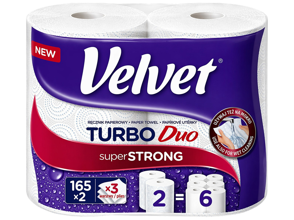 Бумажные полотенца Velvet Turbo Duo Super Strong, 3 слоя (2шт × 165 листов)
