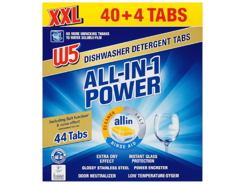 Таблетки для посудомоечной машины W5, All in 1 Power, моющее средство, соль, ополаскиватель, 44 шт