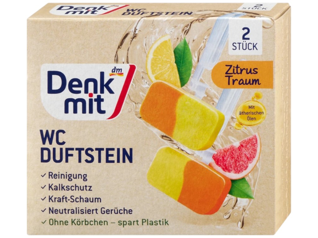 Освежитель для унитаза Denkmit WC Duftstein Lemon Grapefruit, без корзинки, 76г,  2шт