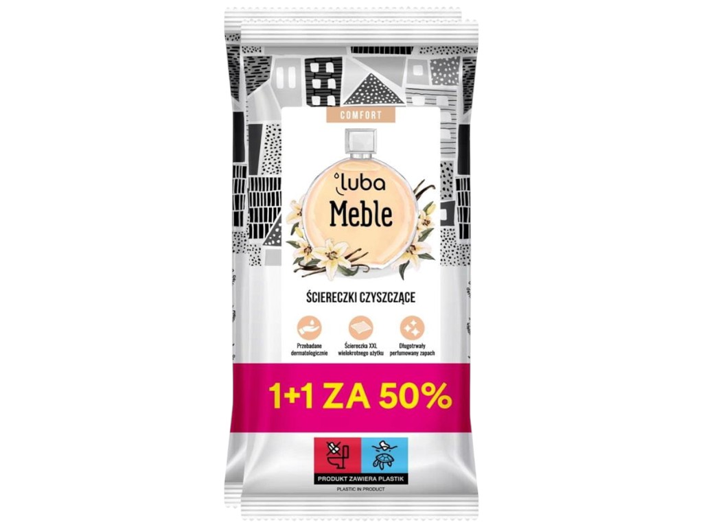 Салфетки влажные Luba Comfort 1+1, для мытья мебели, парфюмированные, вискоза, 32шт+32шт