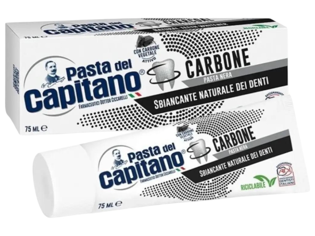 Зубна паста Pasta Del Capitano Carbone з вугіллям, без фтору, смак м'ята, 75мл