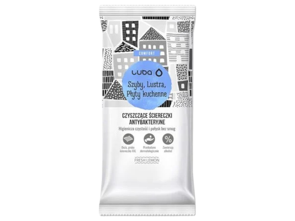 Салфетки влажные для чистки стеклянных и зеркальных поверхностей Luba Comfort, аромат лимон, 32шт