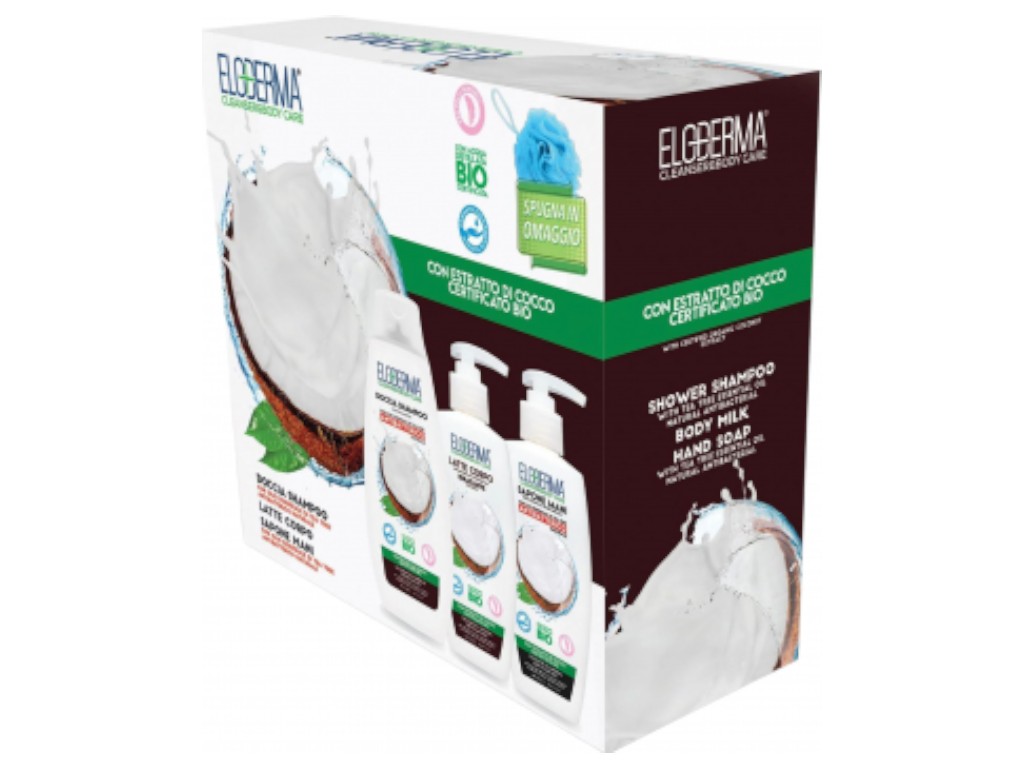 Набор подарочный Eloderma Coconut, шампунь 400 мл, жидкое мыло 300 мл, молочко для тела, мочалка