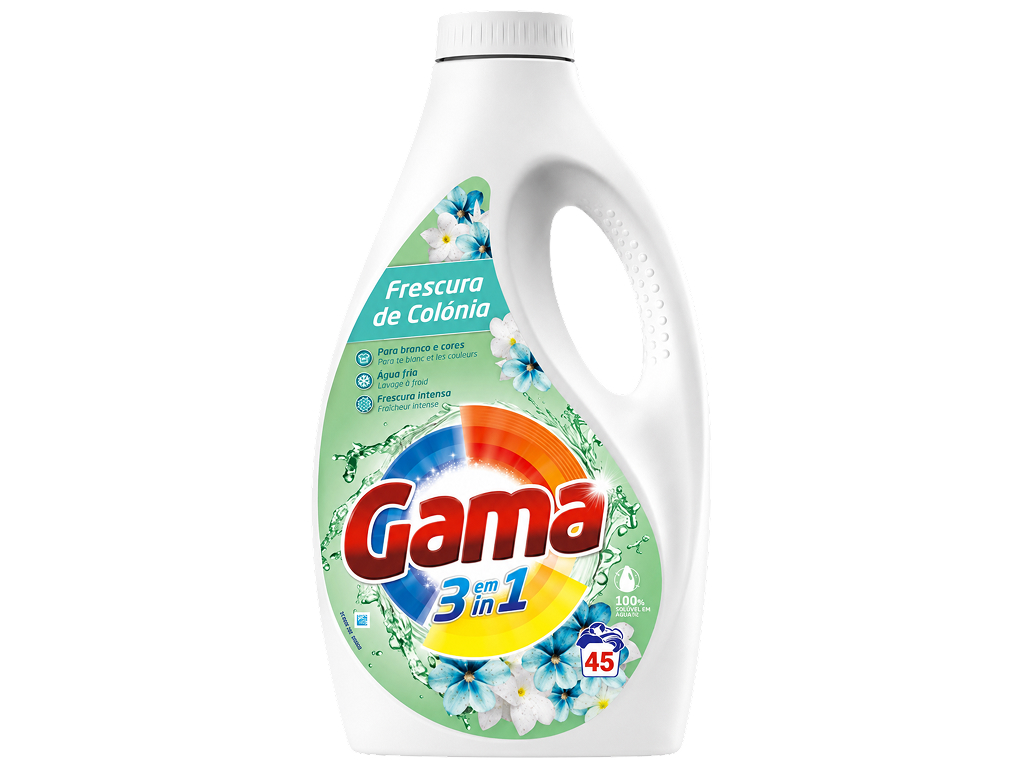 Гель для стирки универсальный Gama 3в1 для белых и цветных вещей, 45 стирок, 1,98 л