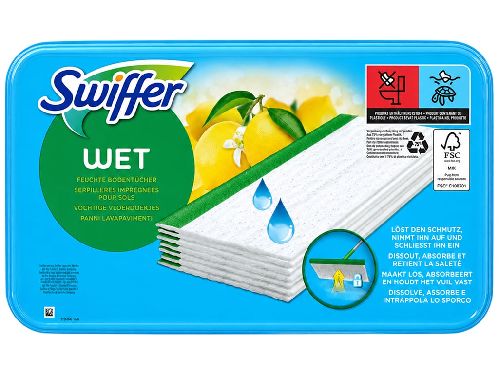 Сменные влажные салфетки для швабры Swiffer Wet с ароматом лимона, 24 шт Сменные влажные салфетки для швабры Swiffer Wet с ароматом лимона, 24 шт
