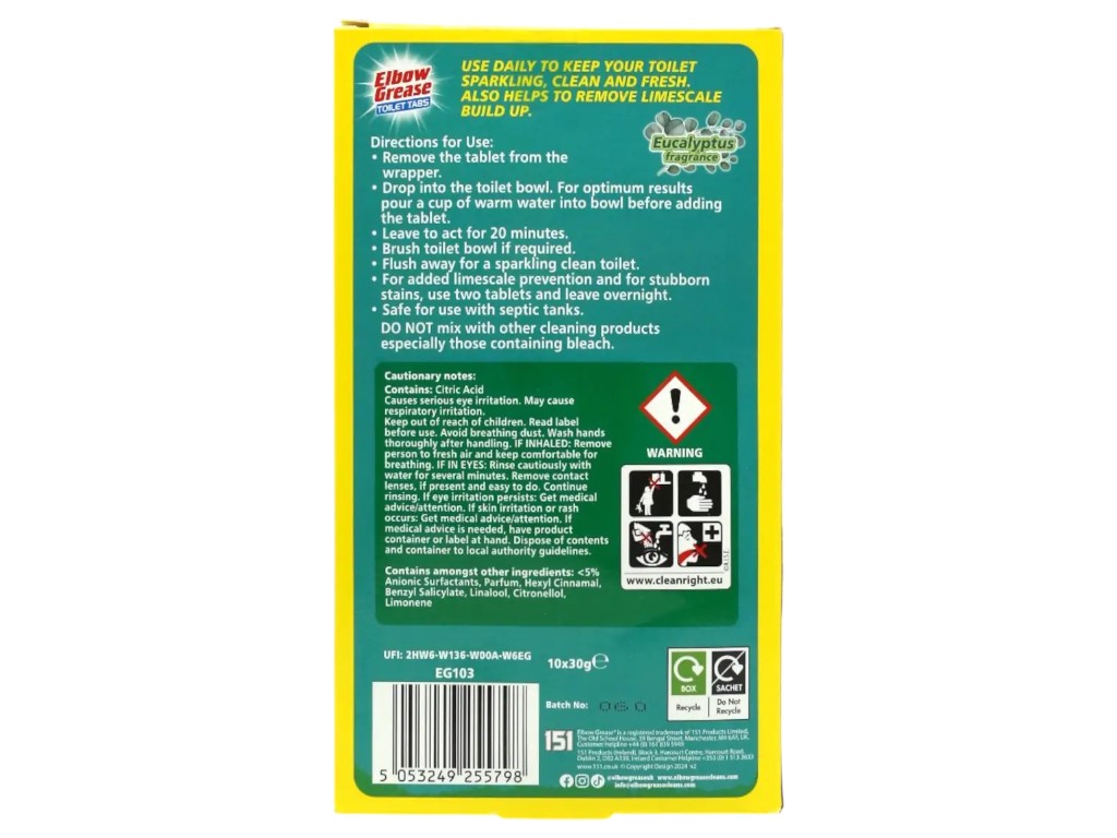 Таблетки Elbow Grease для чистки унитаза эвкалипт, 10×30 г.