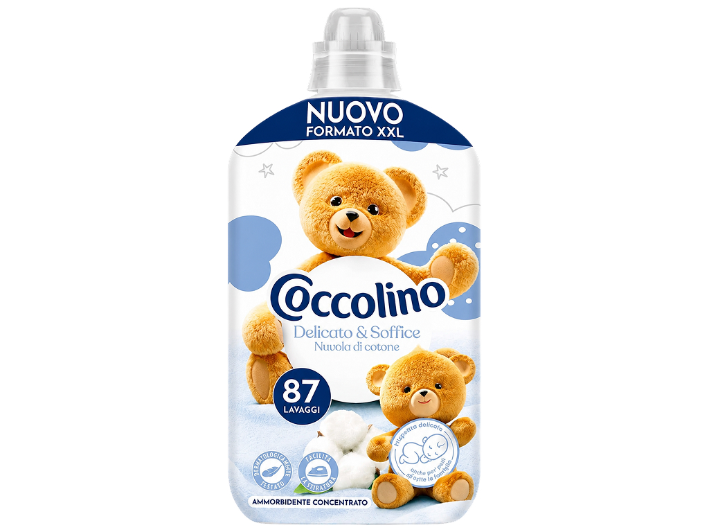 Концентрований кондиціонер для білизни Coccolino Delicato з ароматом бавовни, 87 прань, 1,85 л