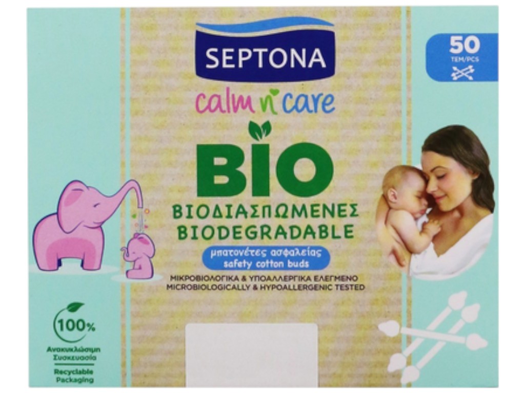 Палочки ватные Septona Baby, биоразлагаемые, с ограничителем, 50шт
