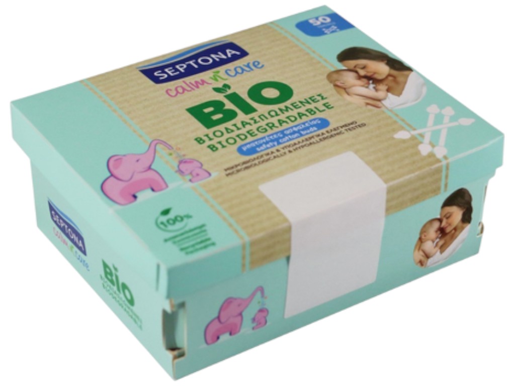 Палочки ватные Septona Baby, биоразлагаемые, с ограничителем, 50шт