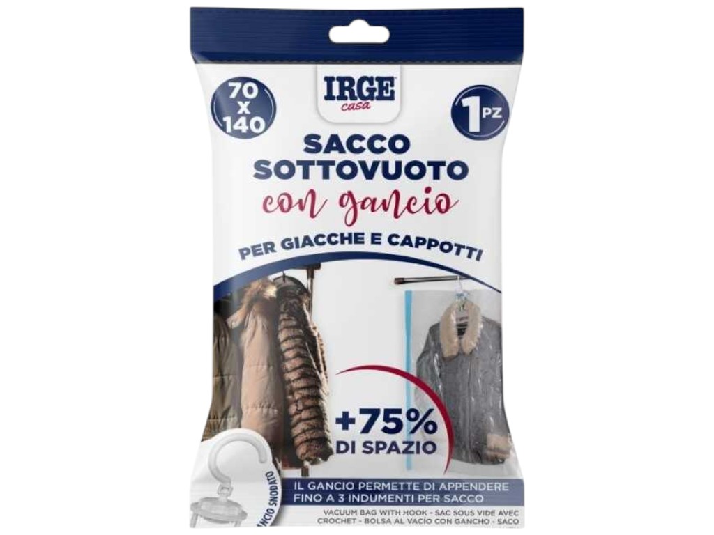 Пакет-чехол вакуумный Irge Casa, для верхней одежды, с крючком, полиэтилен, 70х140см