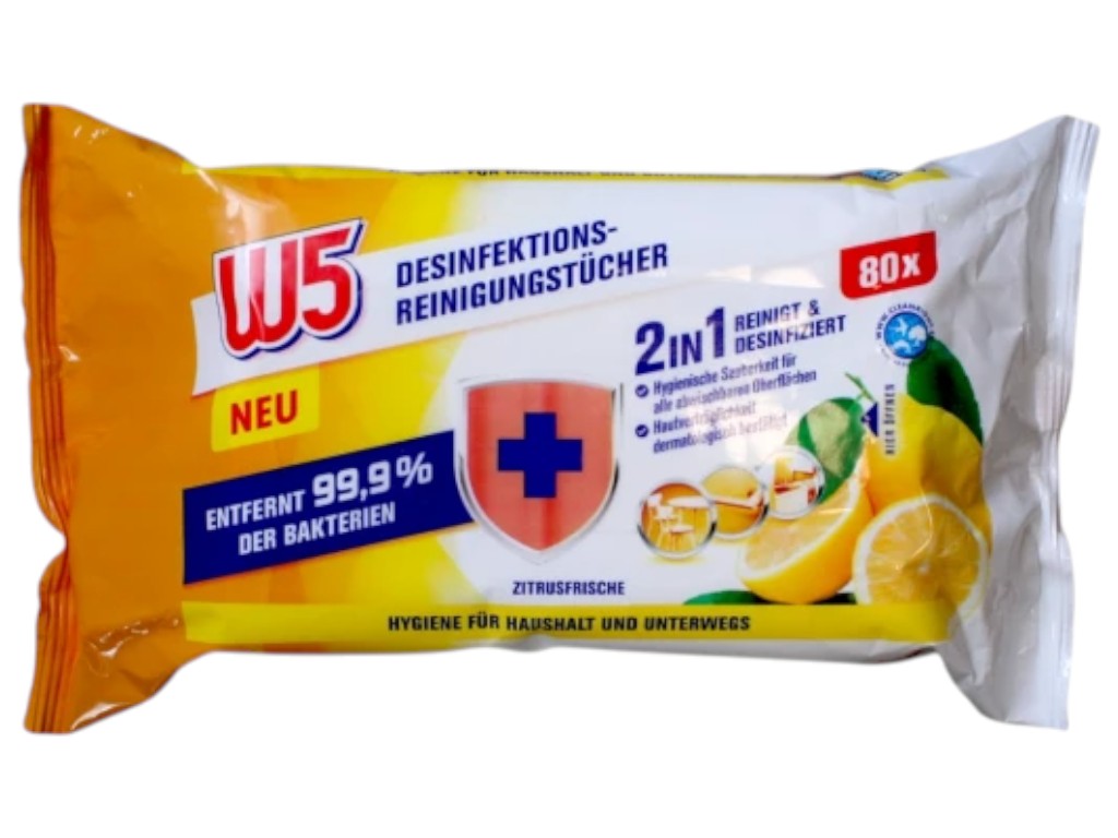 Салфетки влажные для уборки W5, 2в1 дезинфекция и очищение, аромат цитрус, 80 шт