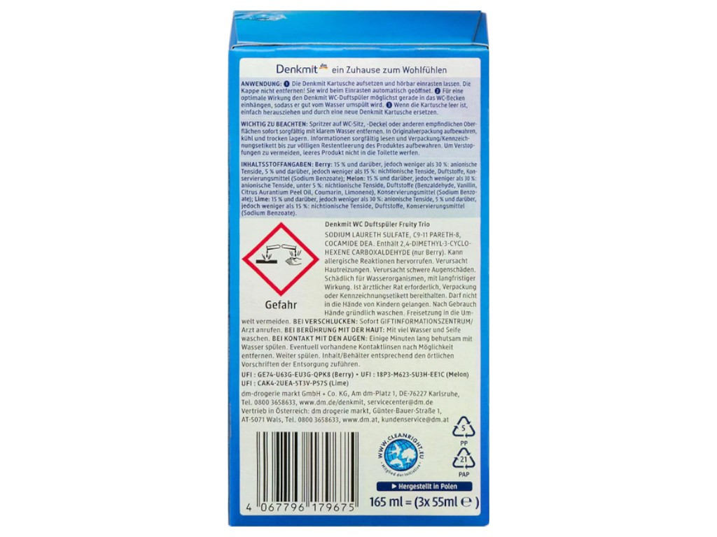 Туалетный блок Denkmit Fruity Trio, защита от налета и запаха, 3 шт., 115 мл.