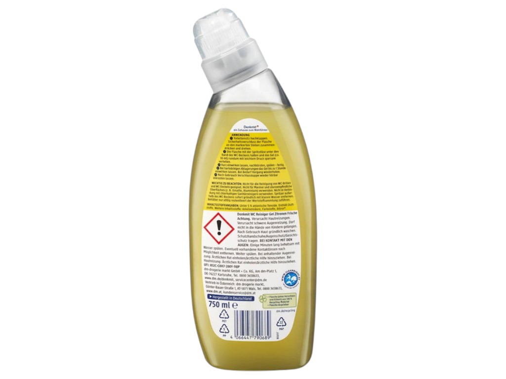 Гель для чистки унитаза Denkmit WC Reiniger Gel Lemon Freshness, с ароматом лимона, 750мл