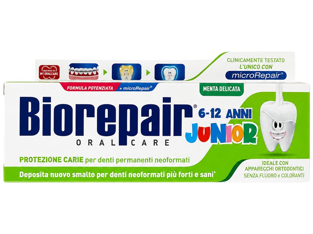 Дитяча зубна паста Biorepair Junior 6-12 з м'яким м'ятним смаком без фтору, 75 мл