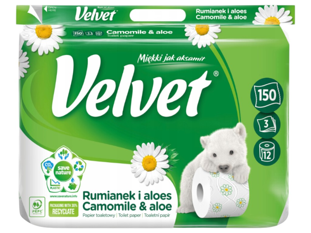 Бумага туалетная Velvet, с ромашкой и алоэ, 3 слоя, 150 листков, 12 рулонов, цвет белый