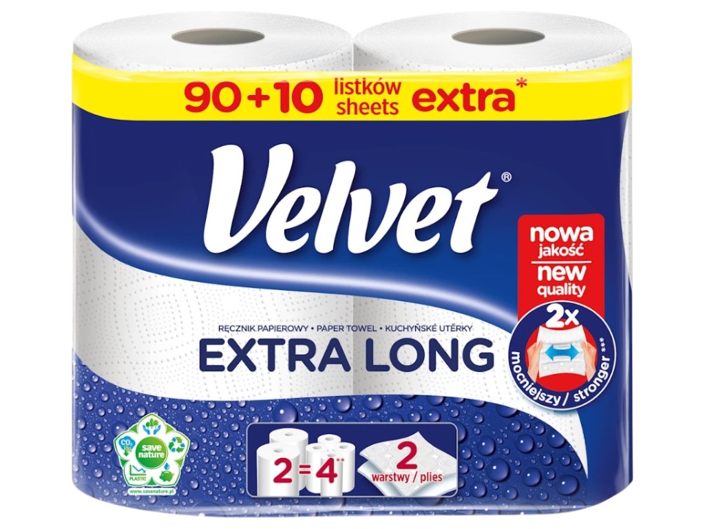 Полотенца бумажные Velvet Extra Long в рулоне, 2 рулона, 2 слоя, 41х21х 38см, цвет белый