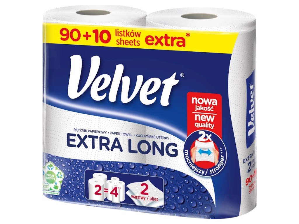 Полотенца бумажные Velvet Extra Long в рулоне, 2 рулона, 2 слоя, 41х21х 38см, цвет белый