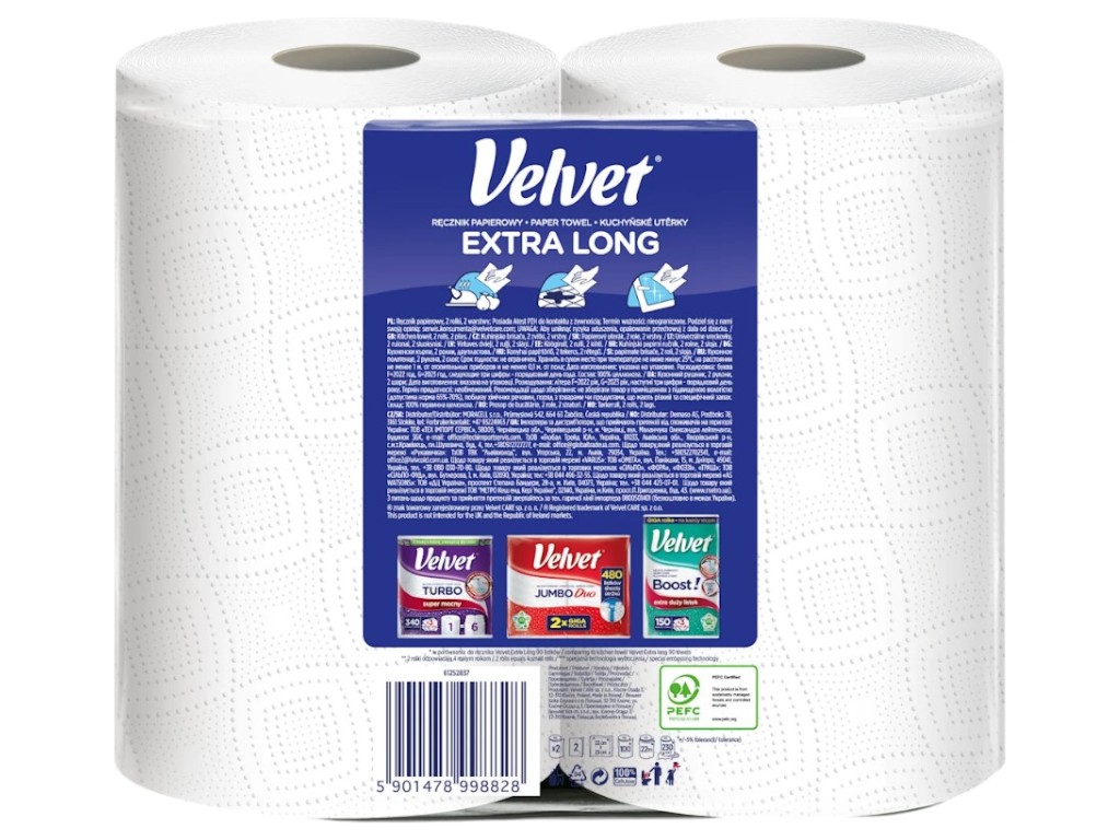 Полотенца бумажные Velvet Extra Long в рулоне, 2 рулона, 2 слоя, 41х21х 38см, цвет белый