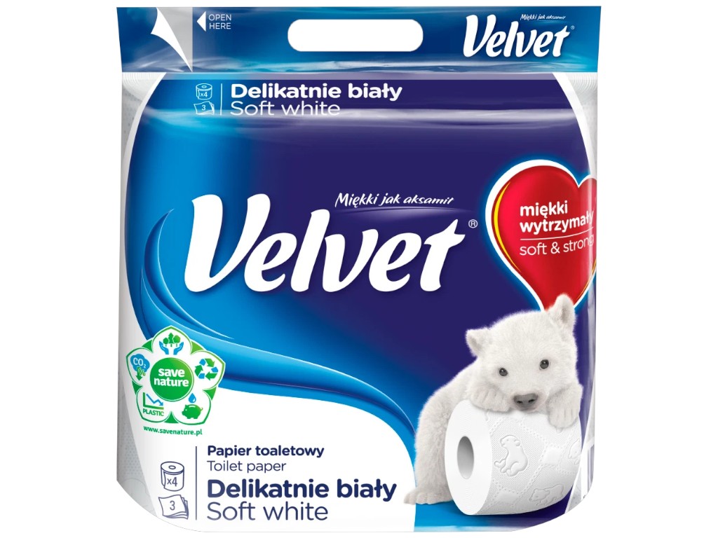 Бумага туалетная Velvet, трехслойная, 4 рулона, 150 отрывов, целлюлоза, 18,3м, цвет белый