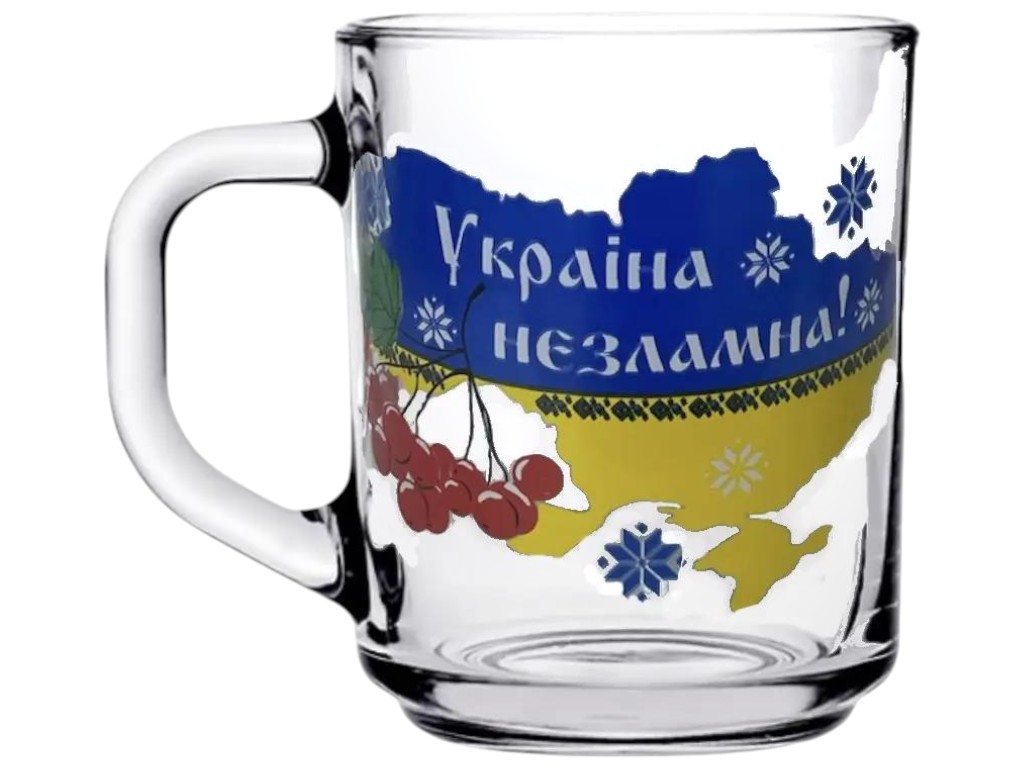 Чашка скляна з ручкою, прозора, з патріотичним декором, 200мл, 7×9см