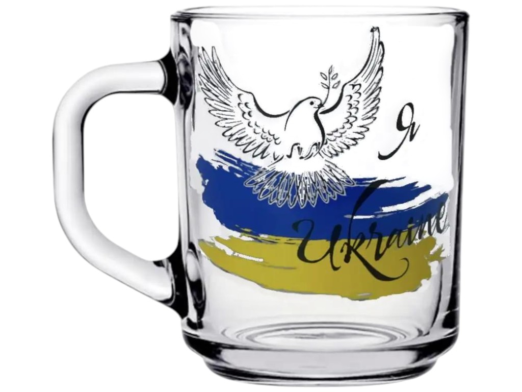 Чашка скляна з ручкою, прозора, з патріотичним декором, 200мл, 7×9см