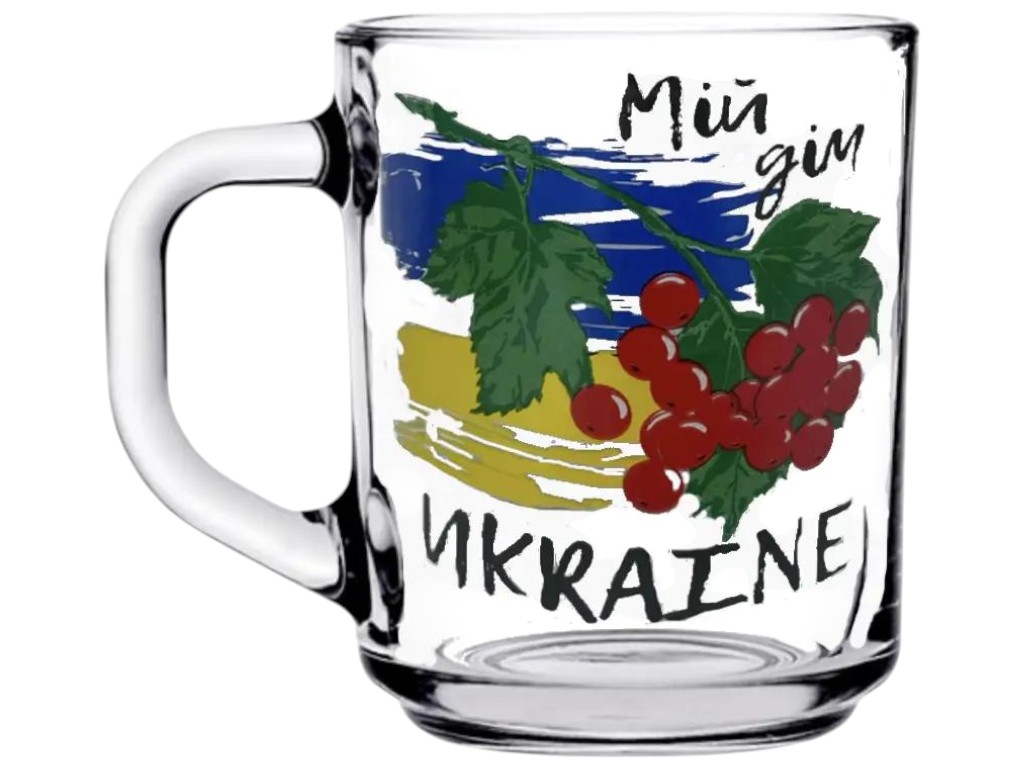 Чашка скляна з ручкою, прозора, з патріотичним декором, 200мл, 7×9см