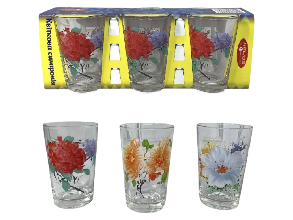 Набор стеклянных стаканов с цветочным декором, 190мл, прозрачные (цена за 6шт)