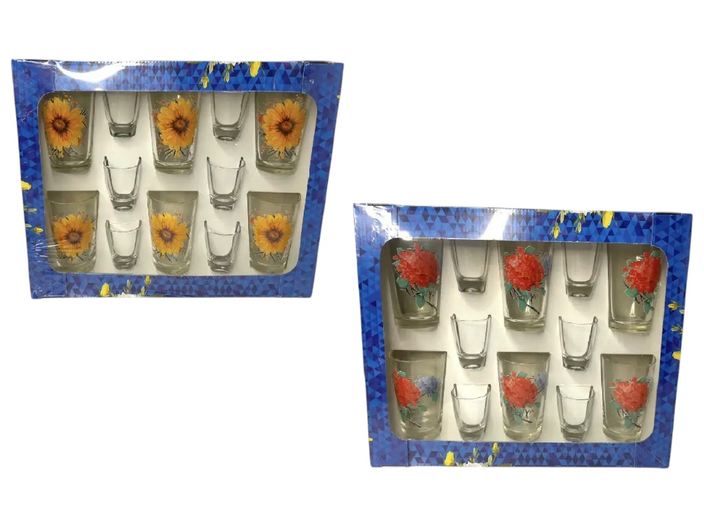 Набор стаканов и стопок Helios Edelweiss, декор цветы, цвет прозрачный, 12 шт., 190 и 50 мл.
