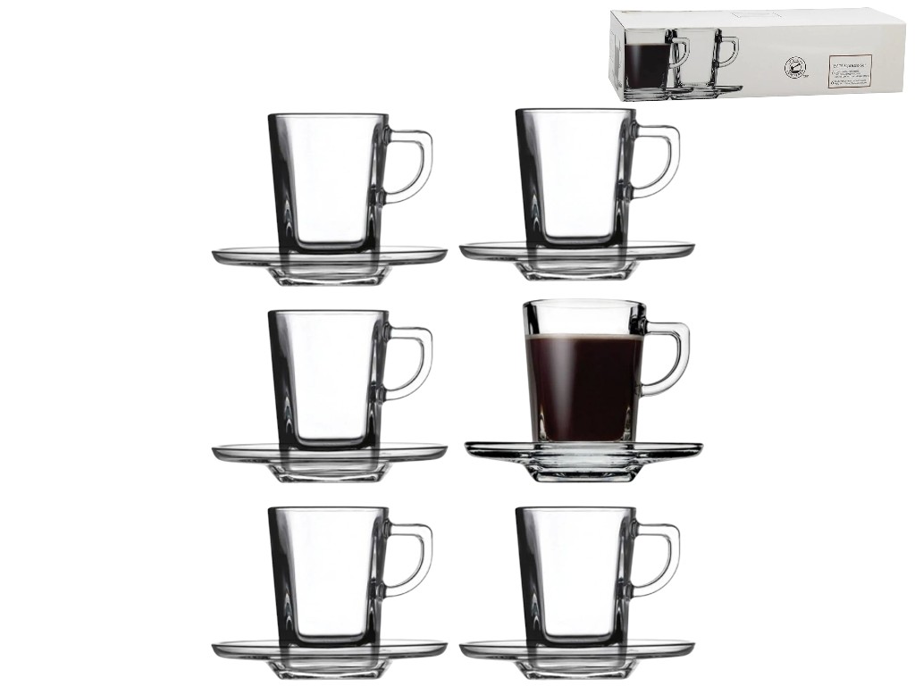 Набір для еспресо Pasabahce Carre, 6 чашок+ 6 підставок, скло, 75мл, 10,5см, колір прозорий