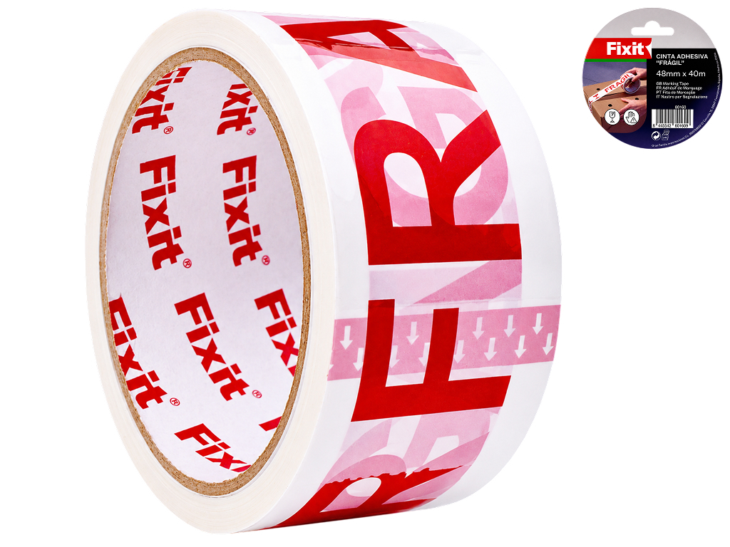 Скотч пакувальний Fragile, PVC, 48мм×40м, колір біло-червоний