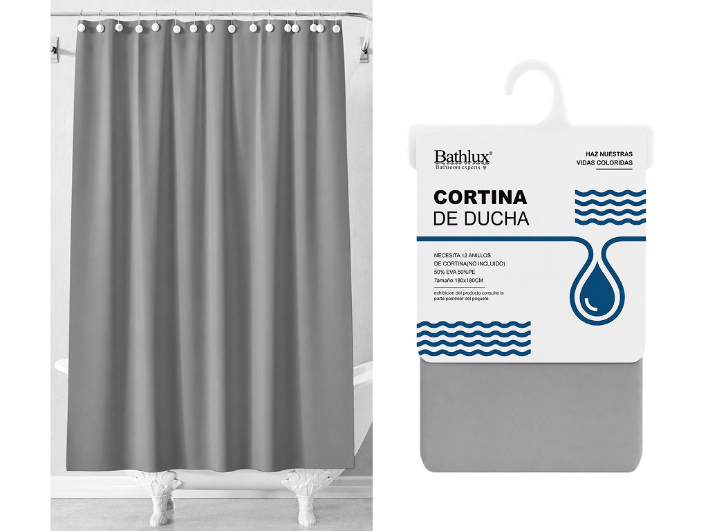 Штора для душу Bathlux, водовідштовхувальна, антигрибкова, (без кілець), 180x180см, сіра
