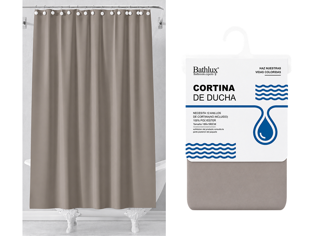 Штора для душу Bathlux, водовідштовхувальна, антигрибкова, (з кільцями), 180x180см, бежевий