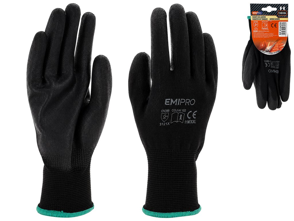 Рабочие перчатки Emipro с PU-покрытием черные, размер 11/XXL
