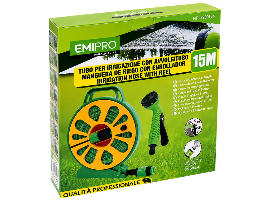 Шланг поливочный Emipro на катушке с пистолетом для полива, 15 м
