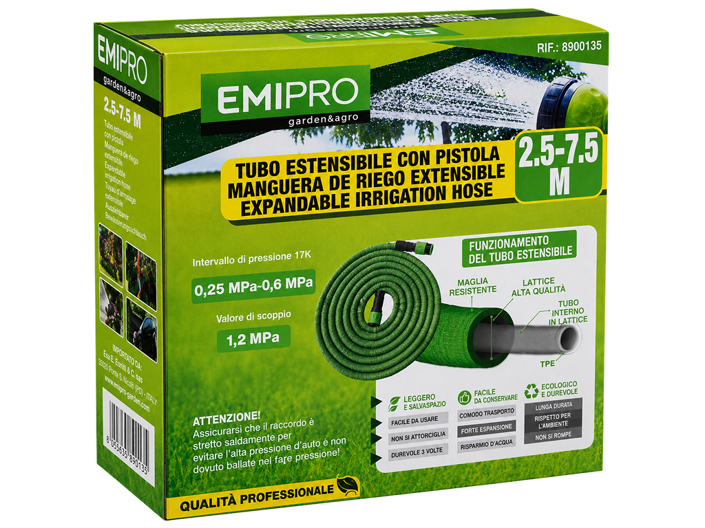 Шланг поливочный растяжной Emipro с пистолетом для полива, 2,5-7,5 м