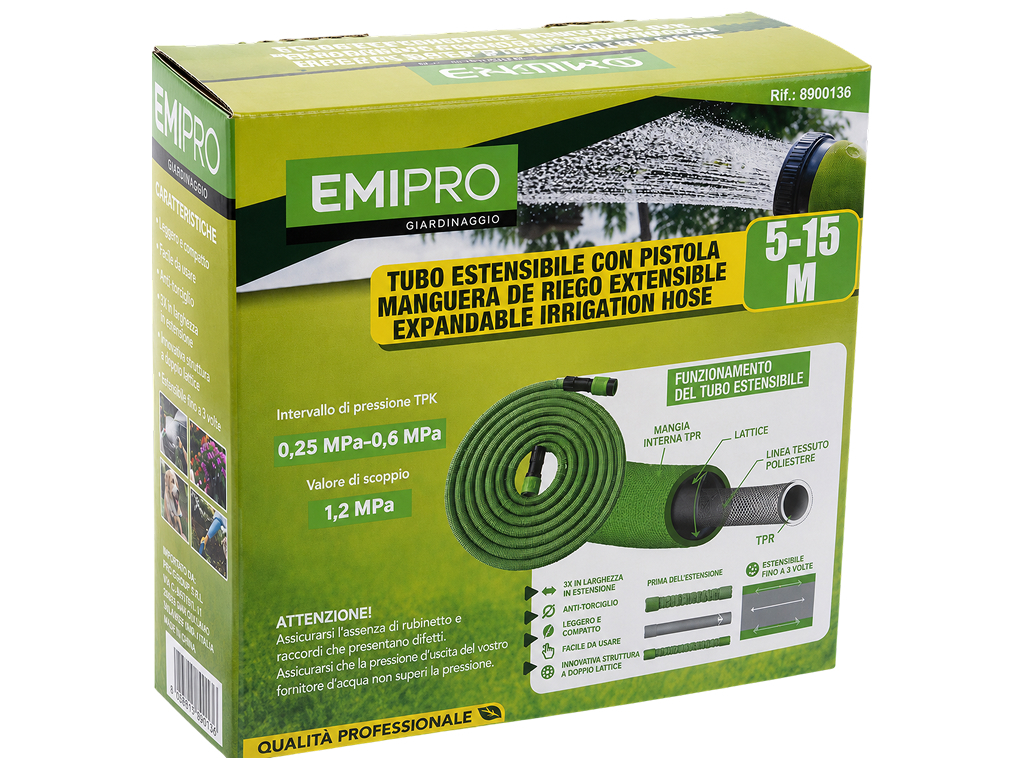 Шланг поливочный растяжной Emipro с пистолетом для полива, 5-15 м