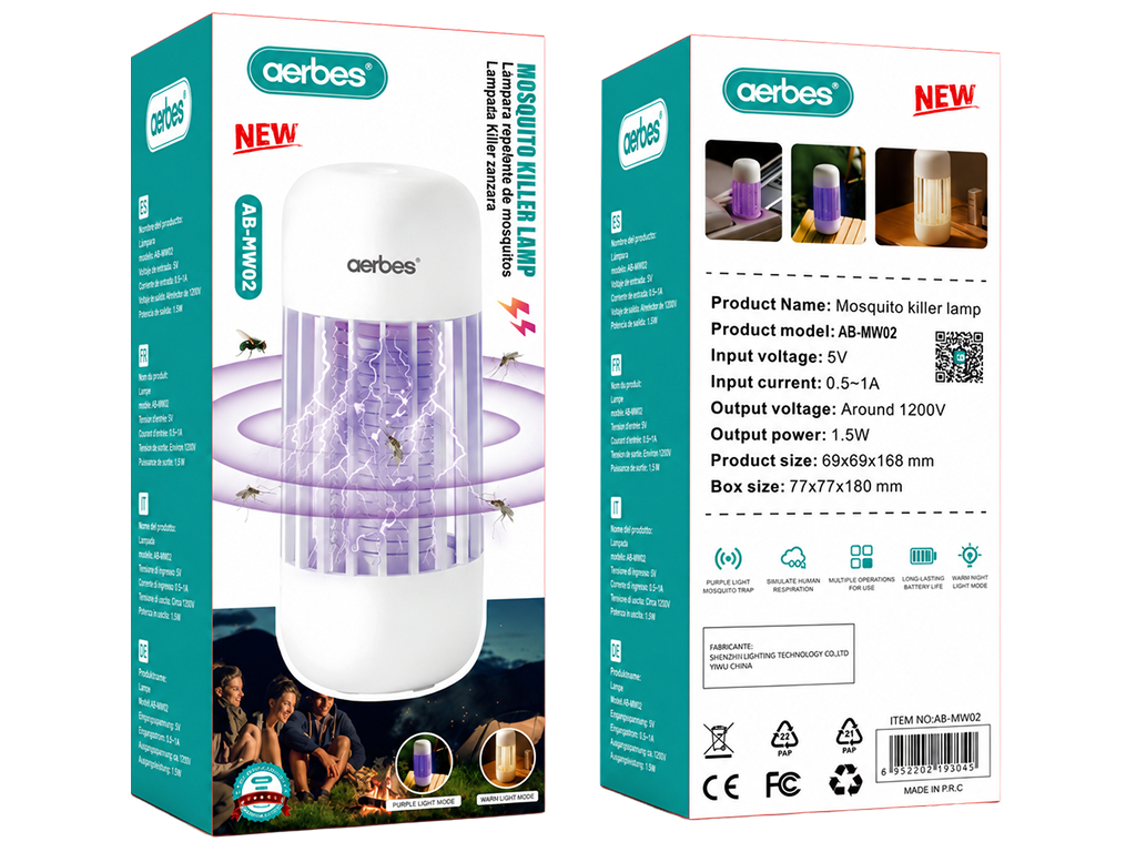 Лампа-ловушка для насекомых Aerbes, USB, 6,9×6,9×16,8 см