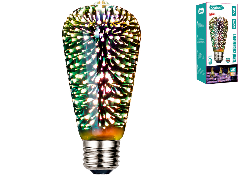 Лампа светодиодная Aerbes, ST64, 3D фейерверк, E27, 5Вт, RGB свет