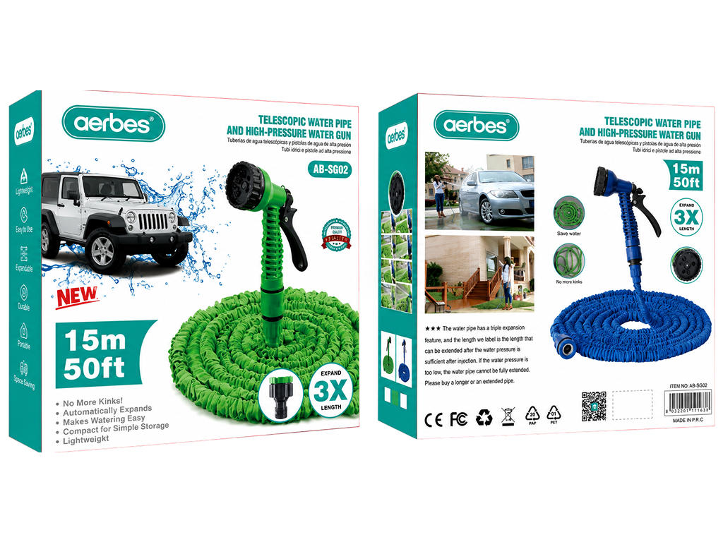 Шланг для полива Aerbes, растяжной 5–15 м, с пистолетом-распылителем, 2 вида