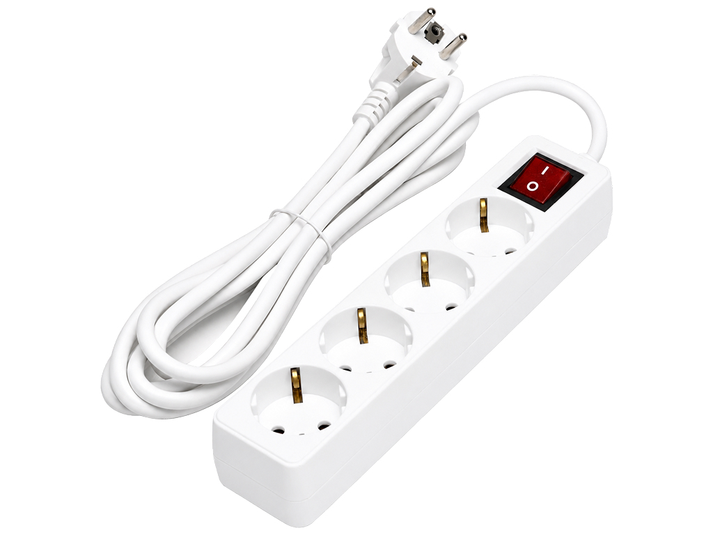 Удлинитель, 4 розетки, 1,5м, 3G1,5мм², с выключателем, цвет белый