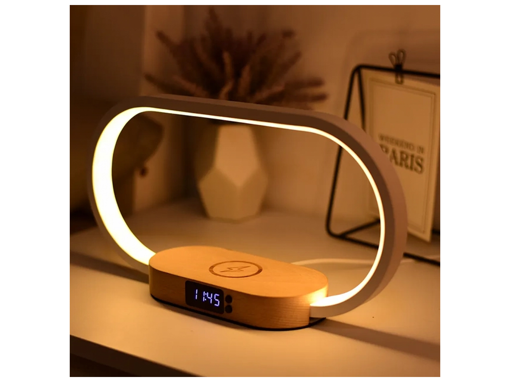 Беспроводное Зарядное Устройство WR08 3in1+Lamp/Clock/Wireless 10W Цвет Коричневый