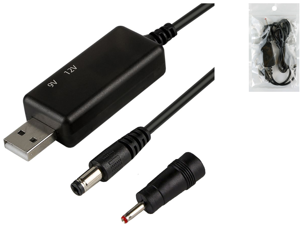 Кабель для роутера USB to DC с 5v на 9V(2A) или 12V(1.5A) 5.5х2.1/3.5x1.35мм с переключателем черный