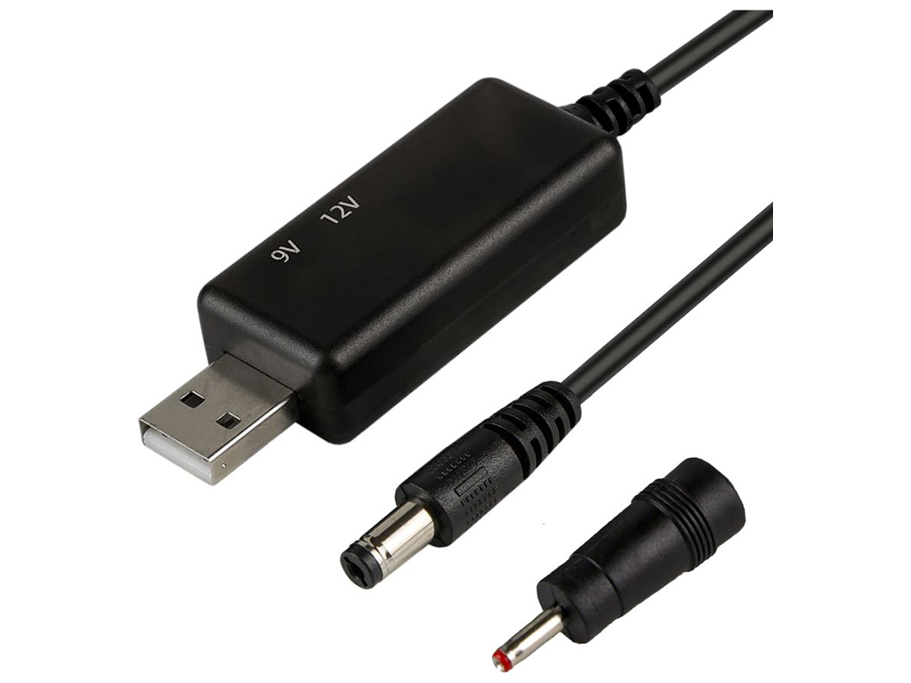 Кабель для роутера USB to DC с 5v на 9V(2A) или 12V(1.5A) 5.5х2.1/3.5x1.35мм с переключателем черный