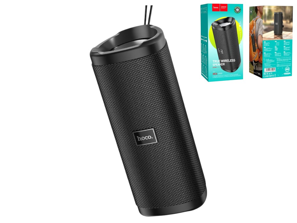 Колонка Hoco HC4, Bluetooth 5.0, FM-приемник, IPX5, 200×88×81 мм, мятая упаковка, цвет черный