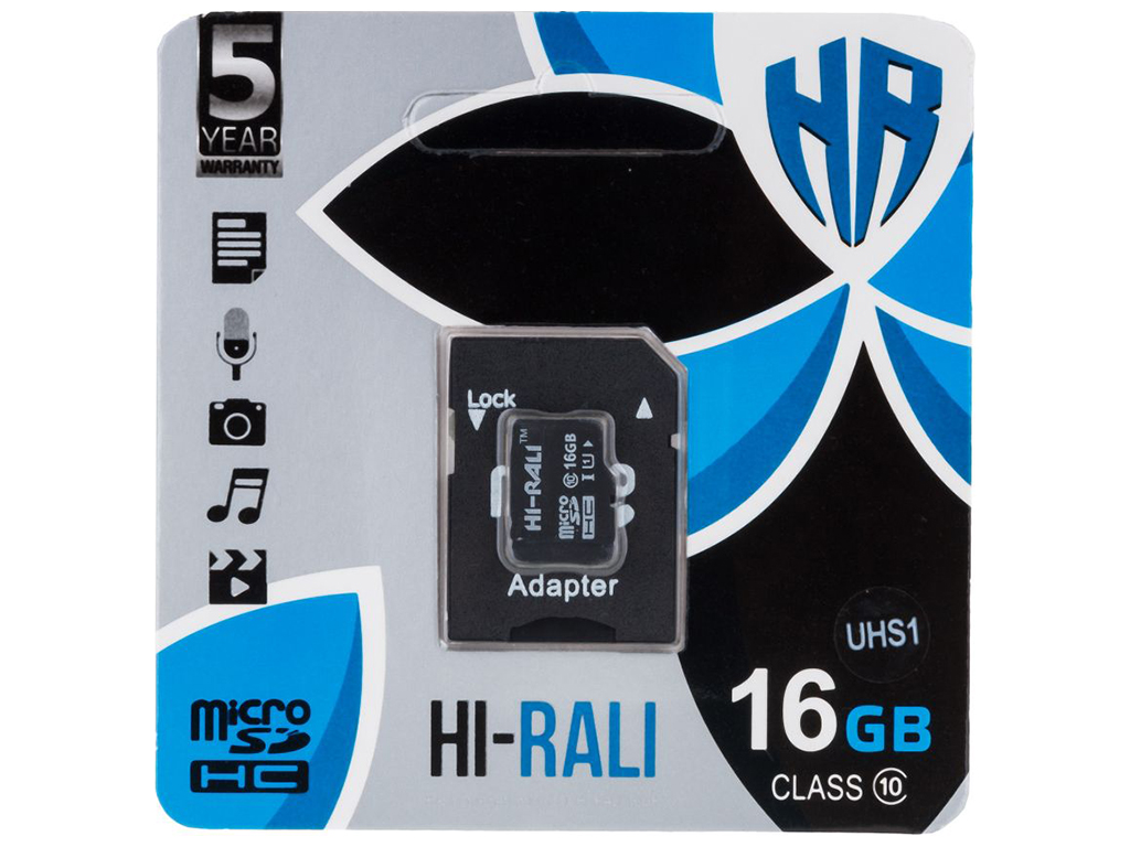 Карта Пам'яті Hi-Rali MicroSDHC 16gb UHS-1 10 Class & Adapter Чорний
