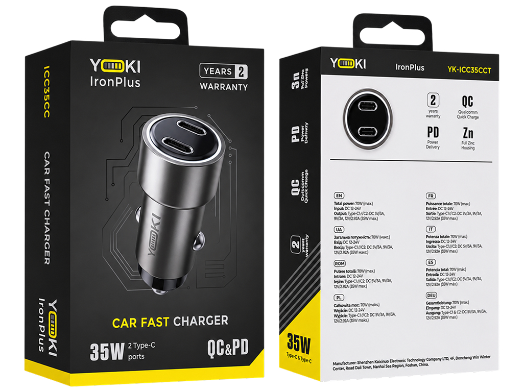 Автомобильное зарядное устройство Yoki IronPlus, 2 Type-C, PD, QC, 2×35Вт